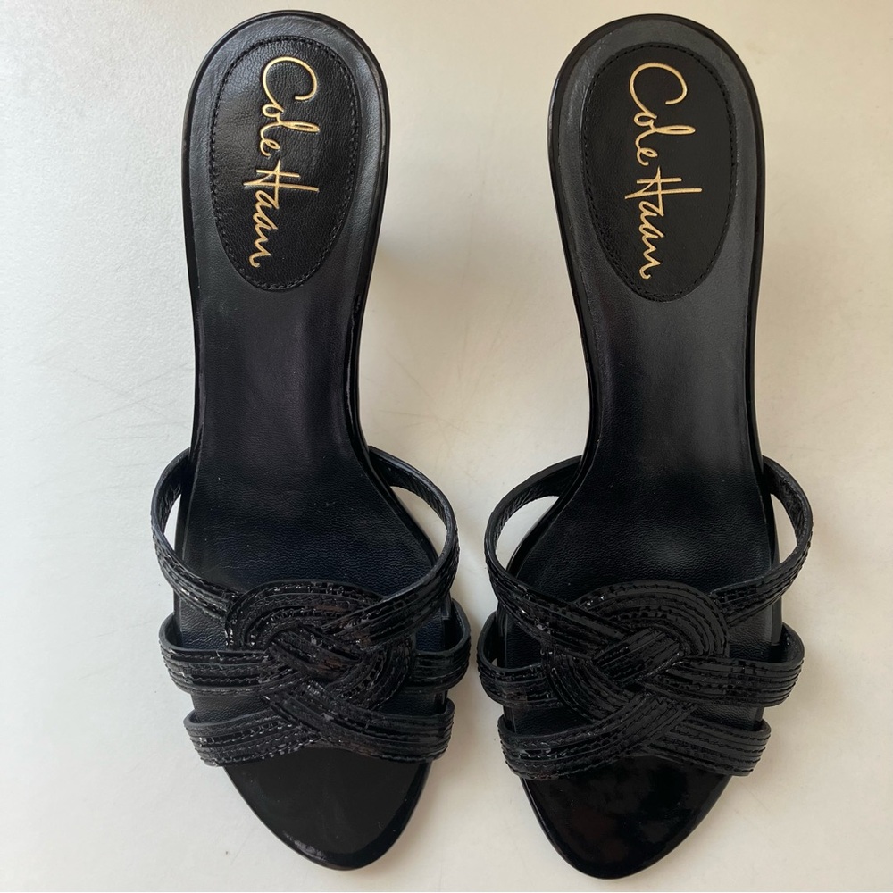 Cole Haan Kitten Heels Black Patent Leather Slides Sandals Size 7.5B 